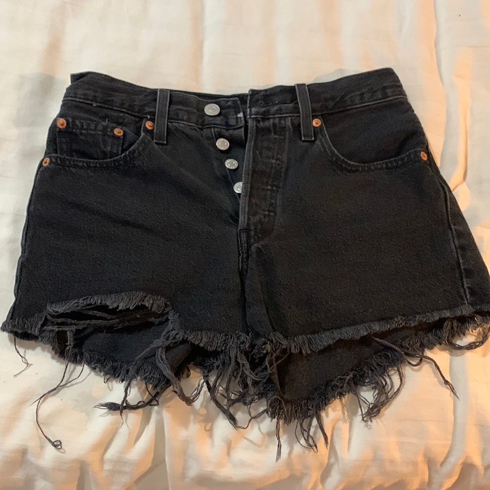 Levi 501 black denim button fly cut off shorts